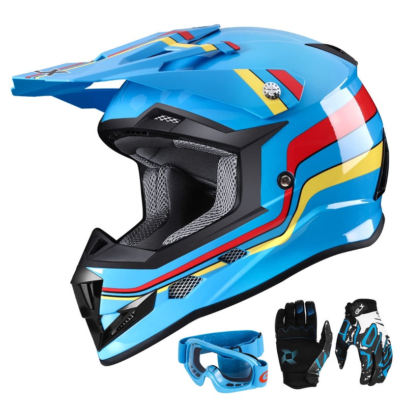 GLX GX623 Youth ATV/Dirt Bike Helmet Combo - Retro Blue, X-Large - DOT - Image 1